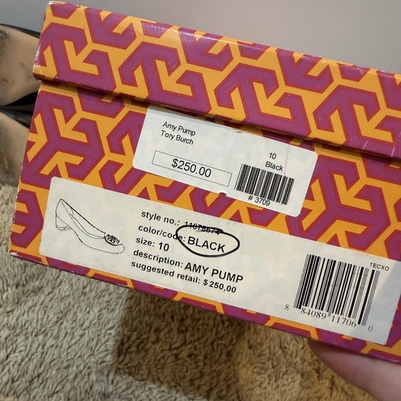 Tory Burch Shoes Womens Size 9.5 Black Amy Pump Cap Toe Block Heel Logo - Picture 10 of 13